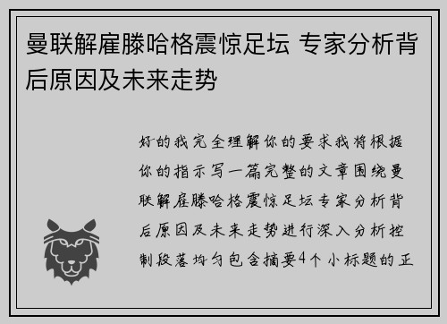 曼联解雇滕哈格震惊足坛 专家分析背后原因及未来走势 曼联解雇滕哈格震惊足坛 专家分析背后原因及未来走势